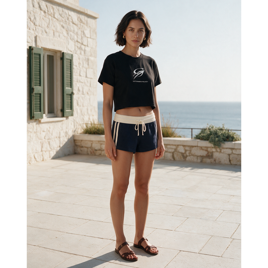 Gatta Short in Navy Blue — lifestyle view. Gatto Bianco Palace.